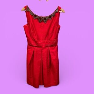 Beautiful red textured silk jeweled ruby collar mini dress pockets Kay Unger